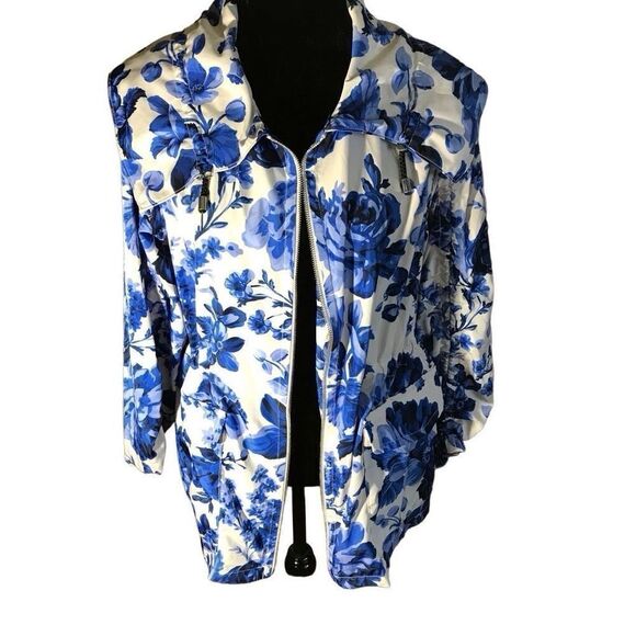 Ann Taylor Rain Jacket blue white floral Women’s Size Medium Drawstring zip - Picture 1 of 9